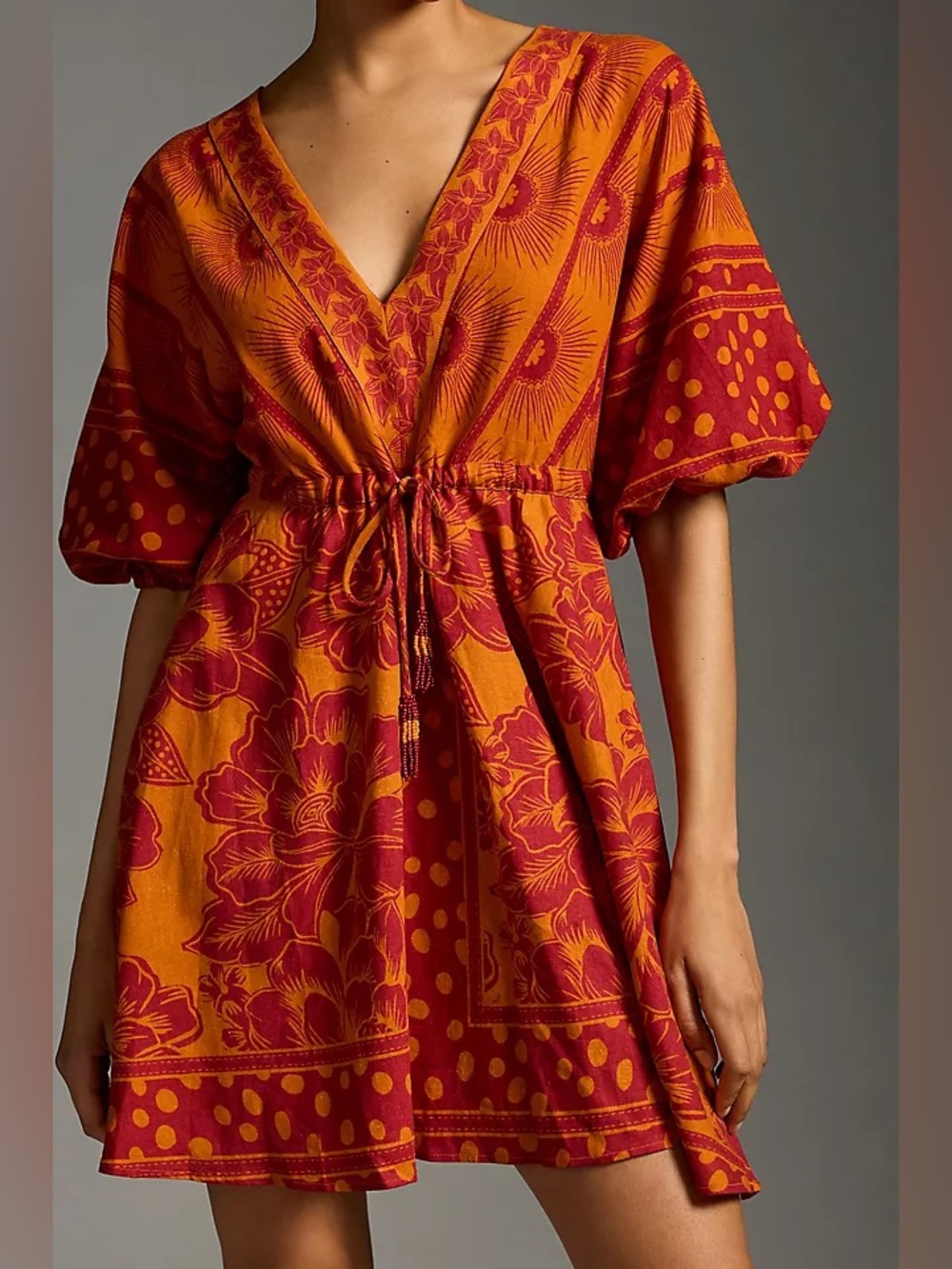 Farm Rio x Anthropologie Pink Combo Printed V Neck Mini Tunic Dress Size Small